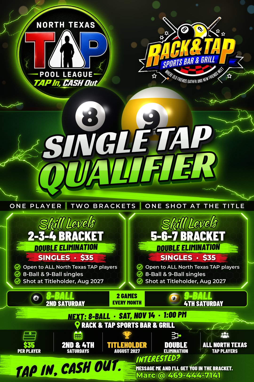 Single TAP Qualifier flyer - Sat Nov 14, 2026, 1:00 PM, Rack & Tap